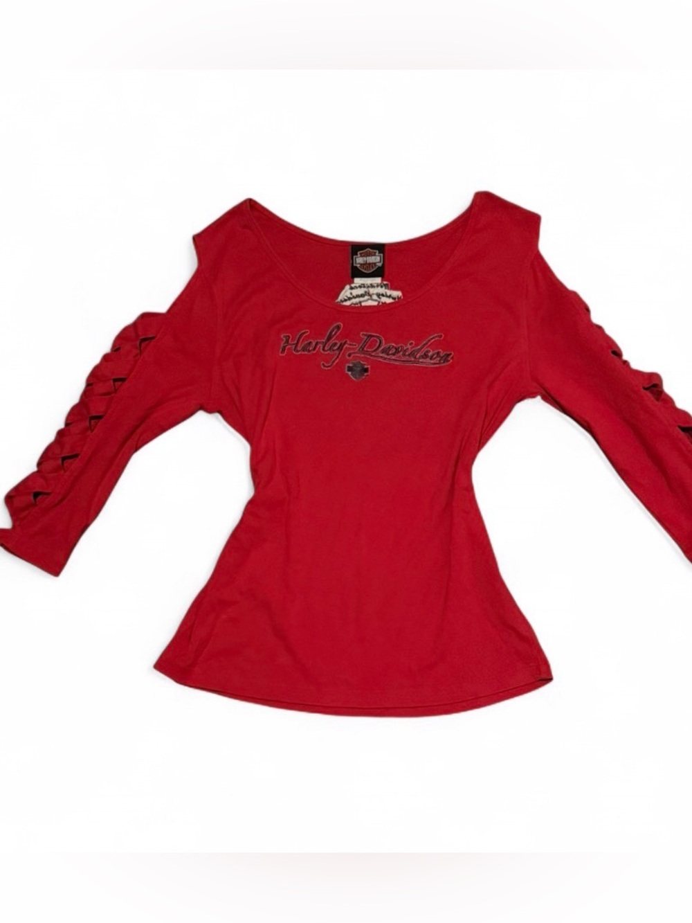 Vintage Harley-Davidson Woodstock IL Red Y2K Long Sleeve Cut Out Shoulder Top